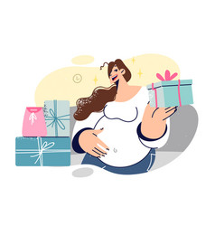 Pregnant Woman Holds Gift Box And Smiling Looks