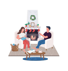 Couple At Home Fireplace Flat Color Faceless