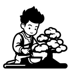 A Boy In Apron Cooking Bonsai