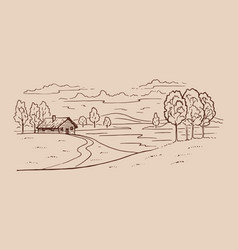 Rural Landscape With Road And Tree Hand Drawn