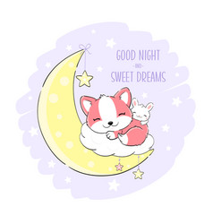 Cute Baby Fox And Bunny Is Sleeping On Moon