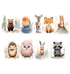 Watercolor Set Of Cute Baby Fox Bear Squirrel