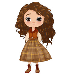 Cute Girl With Curly Hair And Plaid Skirt