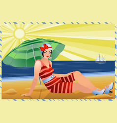 Summertime Flapper Woman In Beach Art Deco Card