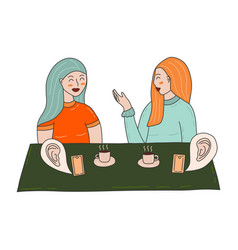 Two Girls Are Talking In Cafe Phones Eavesdrop