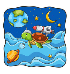 Cartoon Turtle Flying On Rocket