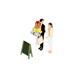 Isometric Men Holding Gifts And Women Trying