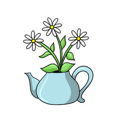 Bouquet Of Daisies In A Round Blue Teapot Decor