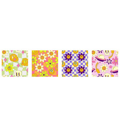 Trippy Smile Seamless Pattern Set With Ufo Skull