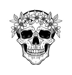 Skull In Flower Wreath Black And White