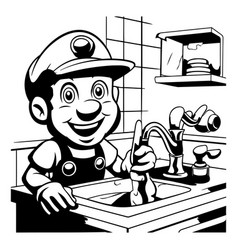 Cartoon Plumber In The Kitchen - Black And White