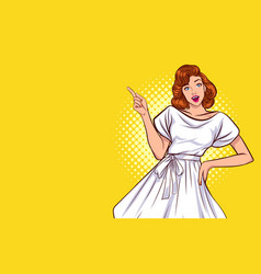 Smile Woman Pointing Finger On Yellow Background