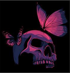 Colored Skull With Butterflys On Black Background