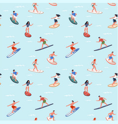 Surfers Seamless Pattern Happy People Surf Waves