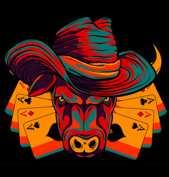 Bull Mascot With Hat And Poker Ace On Black