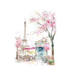 A Painting Of Parisian Street With Pink Tree