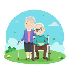 Cute Elderly Couple Sitting On Wheelchair Relax