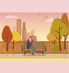 Autumn Park And Woman Talking By Phone On Bench