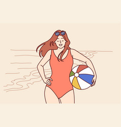 Woman In Swimsuit With Ball For Beach Volleyball