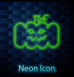 Glowing Neon Line Pumpkin Icon Isolated On Brick