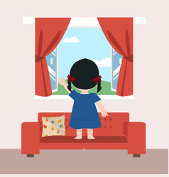 Child Girl Standing Back On Couch View The Window