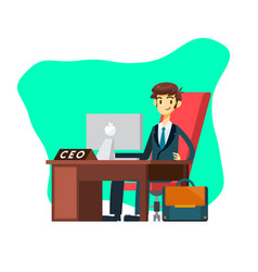 Businessman Cartoon Character Sit In Front Desk