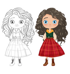 Adorable Girl With Curly Hair And Plaid Skirt