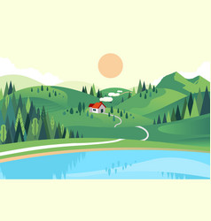 In Flat Style Of House The Hill With Lake