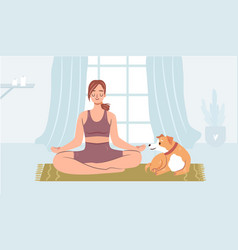 Girl Doing Yoga With A Dog On Mat Happy Woman