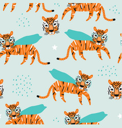 Seamless Childish Pattern With Cartoon Hero Tigers