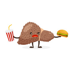 Cartoon Sad Sick Liver With Hamburger And Soda