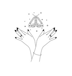 Magic Hands With Night Flying Moth In Line Art