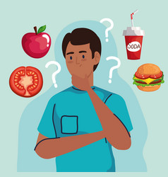 Man Thinking With Question Marks About Fast Food