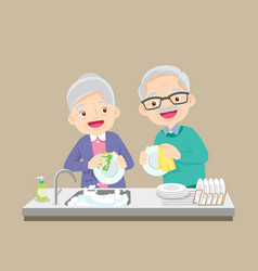 Grandmother Washing Dish With Grandfather