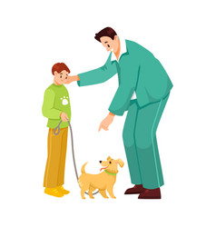 Man Veterinarian Character Talking To Boy With Dog