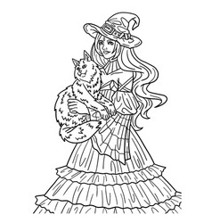 Halloween Witch With Cat Isolated Coloring Page