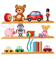 Many Toys And Books On Wooden Shelves