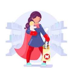 Modern Super Hero Mother Shopping Child In Hand