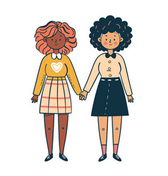 Two Smiling Young Women Holding Hands One Red