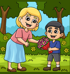 Mothers Day Child Giving Flowers Colored Cartoon