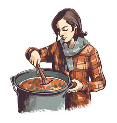 Woman Cooking Soup In Kitchen