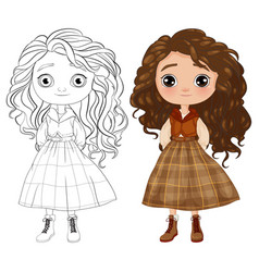 Adorable Girl With Curly Hair And Plaid Dress