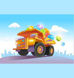 A Large Bright Truck Carries Lot Colorful