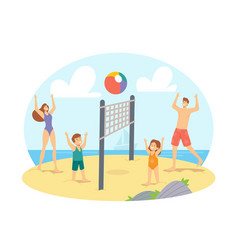 Parents And Children Playing Beach Volleyball