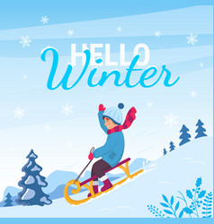 Hello Winter Card With Sledding Down Boy And Text