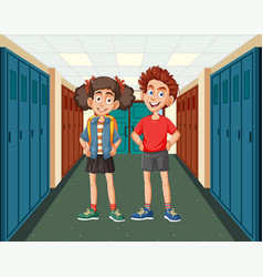 Two Cartoon Children Smiling In School Corridor