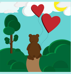 Bear Is Walking Along The Path With Balloons