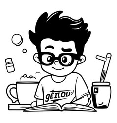 Cute Boy Reading A Book And Drinking Coffee