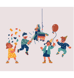 Cartoon Of Kids Hit Pinata At Birthday