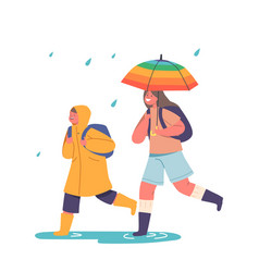 Happy Kids Run Under Umbrella Boy In Raincoat